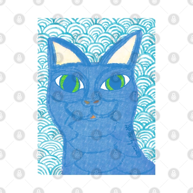 Blue cat with Japanese waves by Pragonette