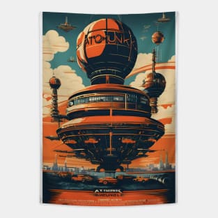 Atompunk flying city Tapestry