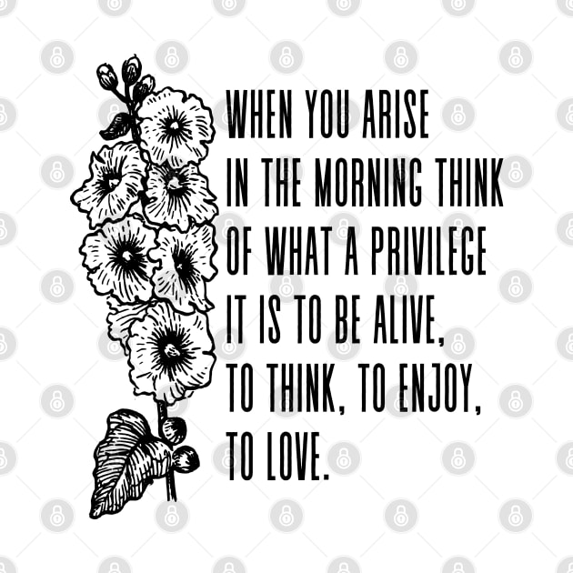 When you arise in the morning, think of what a precious privilege it is to be alive-to breathe, to think, to enjoy, to love. - Marcus Aurelius Quote by Everyday Inspiration