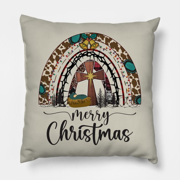 Merry Christmas Nativity Scene Rainbow Pillow by Etopix