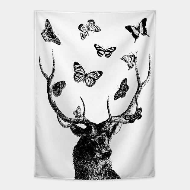 Stag and Butterflies | Black and White | Tapestry by Eclectic At Heart