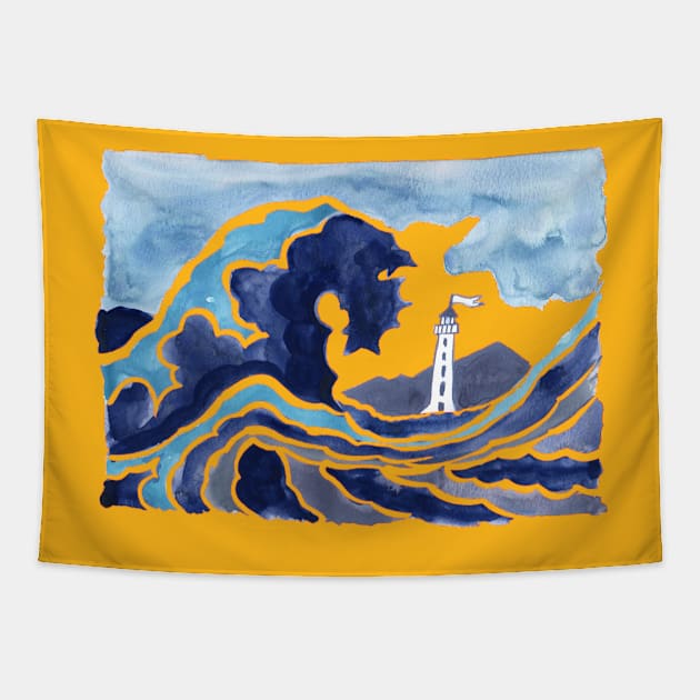 Giant Wave Lighthouse Tapestry by onceuponapaper