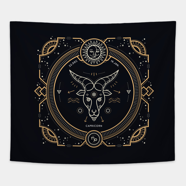 Capricorn Zodiac Gold White on Black Background