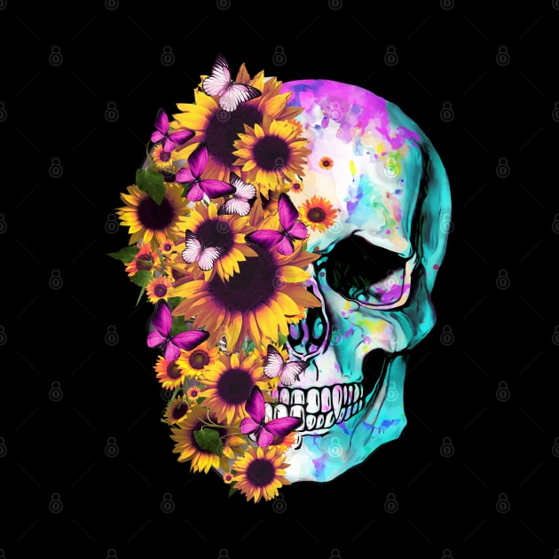 tatoo skull flowers sunflowers design art illustration by Collagedream