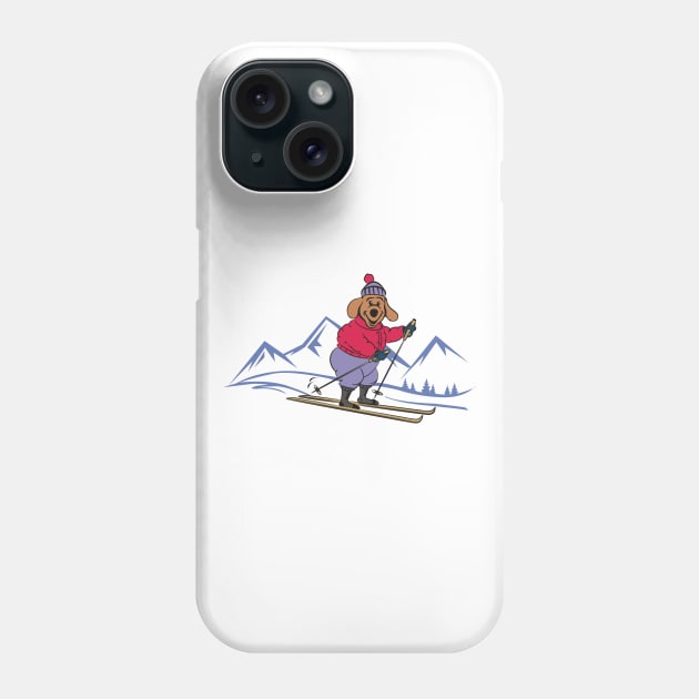 Happy Cartoon Dog Skiing in the Winter Mountains Phone Case by Pixels Pantry