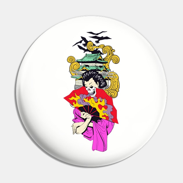 Geisha With Fan Over Pagoda Pin by MarinasingerDesigns