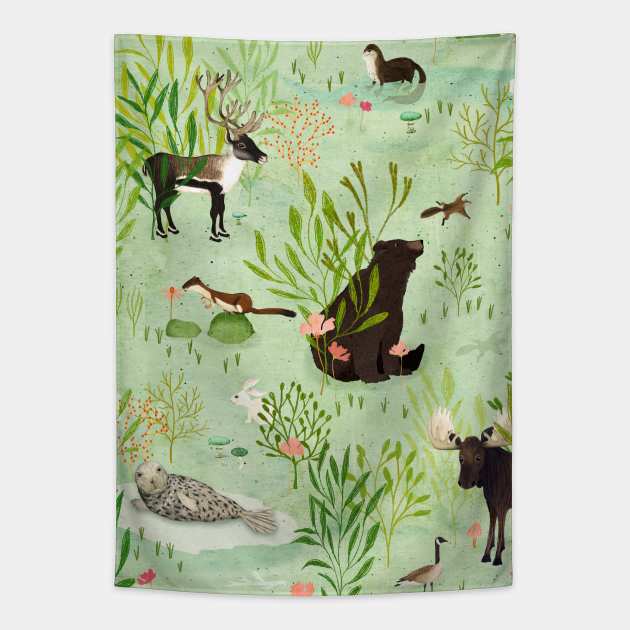 This wild life (Green) Tapestry by katherinequinnillustration