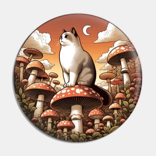 Funny Vintage White Cat in Mushroom Garden Pin