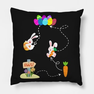 Bunny hides easter egg on Easter trail to colorful Easter eggs and Easter carrot Pillow