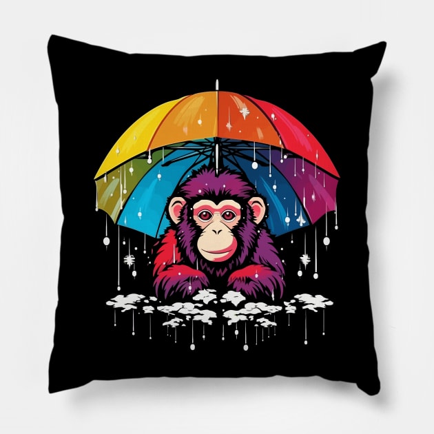 Snow Monkey Rainy Day With Umbrella Pillow by JH Mart