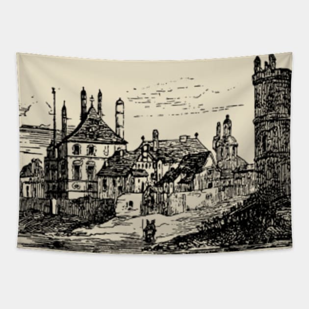 Medieval Village Drawing Tapestry by penandinkdesign@hotmail.com