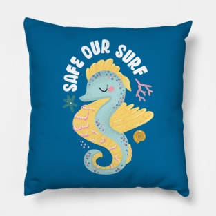 Safe our Surf quote with cute sea animal sea horse, starfish, coral and shell Pillow