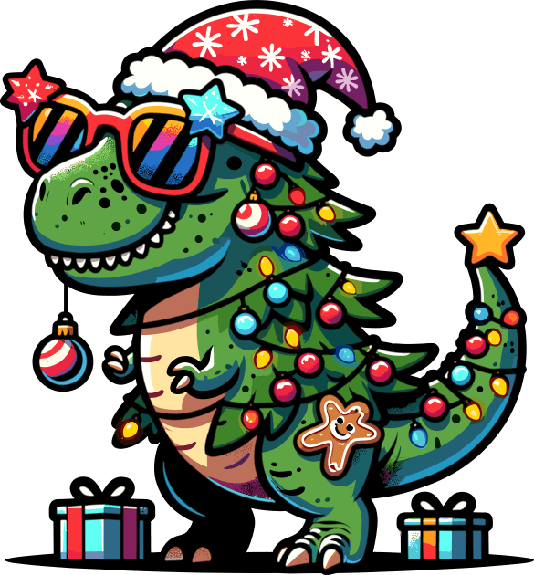 Tree-Rex Holiday Dinosaur - Christmas Tree T-Rex TreeRex Pun with Santa Hat, Lights and Ornaments Kids T-Shirt by Lunatic Bear