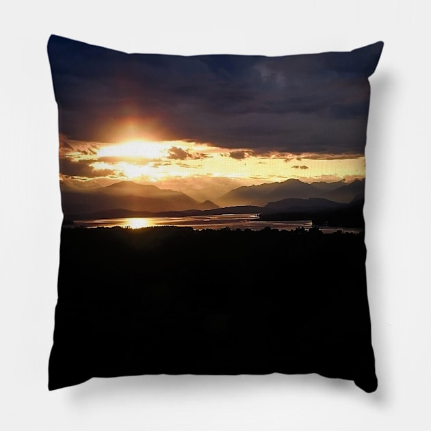 Sunset landscape photography,  lake and mountain on cloudy sky Pillow by marghe41