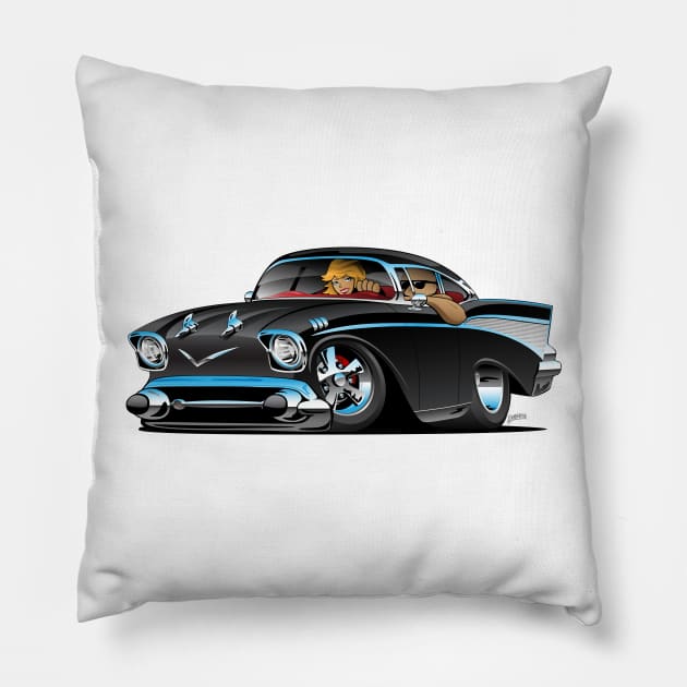 Classic hot rod fifties muscle car with cool couple cartoon Pillow by hobrath