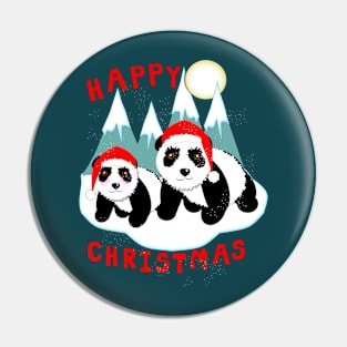 Happy Christmas Cute Whimsy Snowy Panda Bears Pin