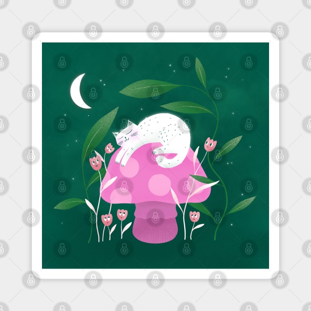 Cute white cat sleeping, mushroom and curious flowers version 3 Magnet by iulistration