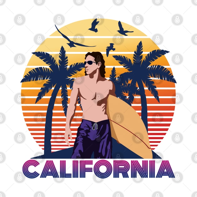 Summer Retro Sunset Beach, California Surfer, Surfing Sports Holiday Gift For Men, Women & Kids by Art Like Wow Designs