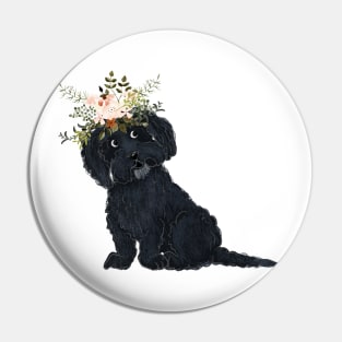 Black Dog with Flowers Pin