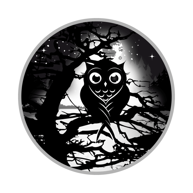 little owl sitting on a tree under a full moon by Kisho