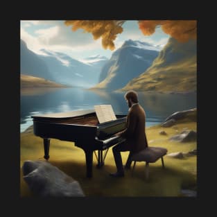 A Pianist Playing The Piano Near A Fjord In Norway. T-Shirt