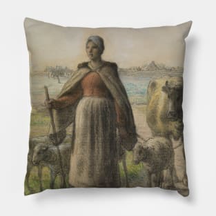 Paysanne Conduisant Aux Champs Sa Vache Et Ses Moutons by Jean-Francois Millet Pillow