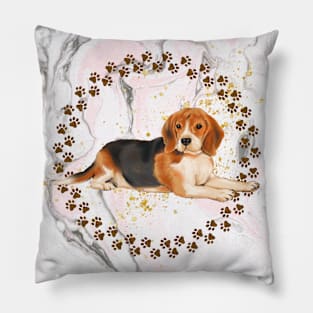 Beagle Paw Prints and Marble Background Pillow