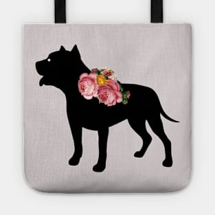 Pit Bull Dog Silhouette with Roses Tote