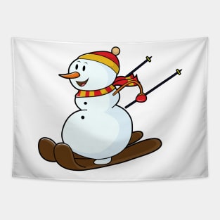 Snowman as Skier with Skis & Cap Tapestry