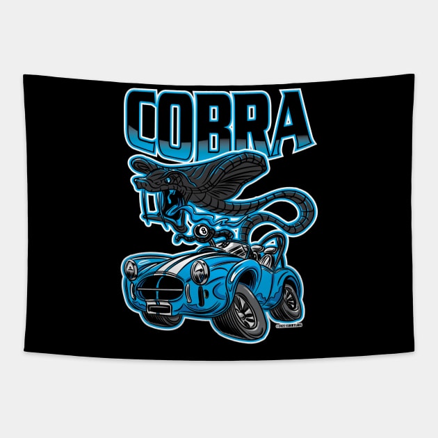 Black Cobra Snake driving a Blue Cobra Race Car Tapestry by eShirtLabs