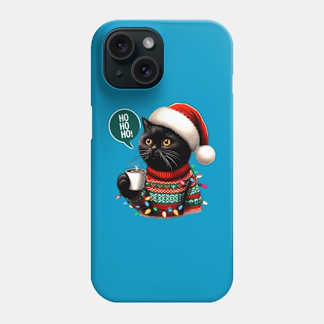 Santa Black Cat Tangled Up In Christmas Tree Lights Holiday Phone Case by BukovskyART