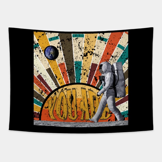 Astronaut in front of vintage stripes design, picture. Orange, gold, brown. Tapestry by SammyLukas