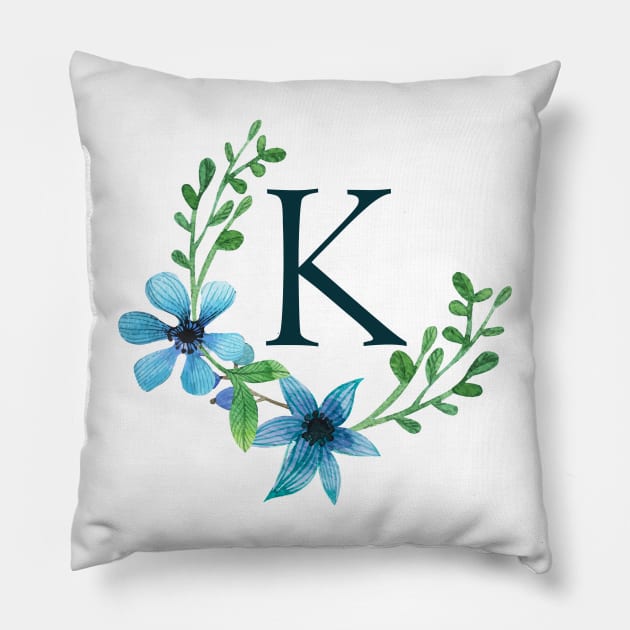 Floral Monogram K Pretty Blue Flowers Pillow by floralmonogram