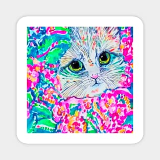 Watercolor portrait of a white kitten, Lilly Pulitzer inspired Magnet