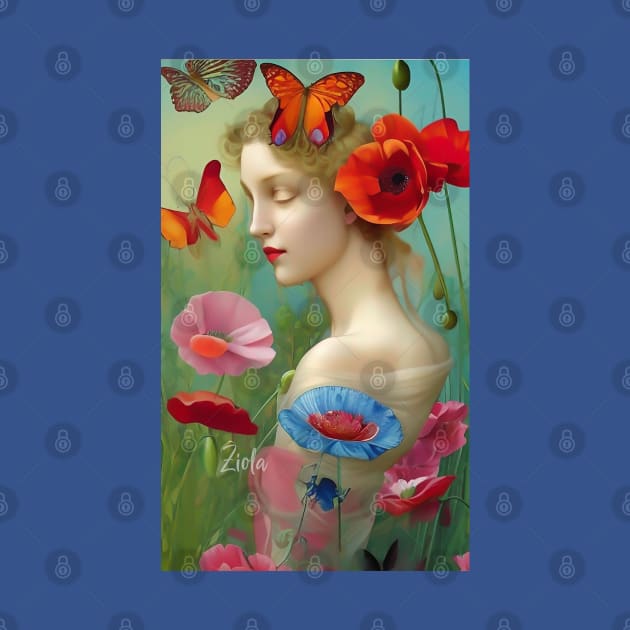Dreamy Surreal Girl with Pretty Flowers and Poppies by ZiolaRosa