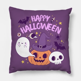 Happy halloween a Cute witch pumpkin with a ghost and pats friends Pillow