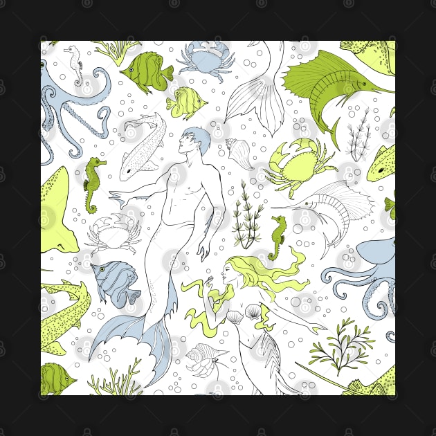 under the sea - white green seamless pattern by kobyakov