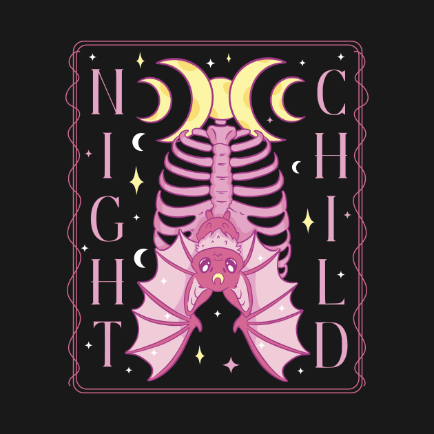 A bat hangs from a rib cage under the triple moon with the words night child occult witchcraft design by Angelandspot