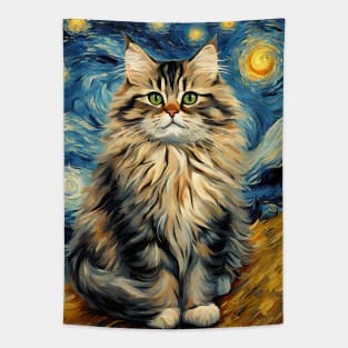 Adorable Siberian Cat Breed Painting in a Van Gogh Starry Night Art Style Tapestry