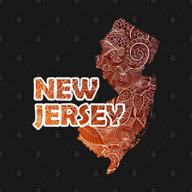 Colorful mandala art map of New Jersey with text in brown and orange by Happy Citizen