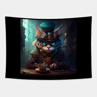 Steampunk Cheshire Cat & Coffee Retro Alice in Wonderland Tapestry