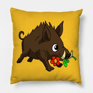 a cute wild boar doodle. kawaii wild pig with a flower. Pillow