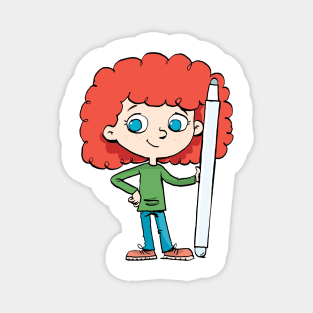 redhead girl holding a big digital pen Magnet