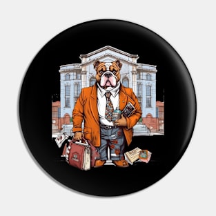 Lawyer English Bulldog t-shirt design, A bulldog in a suit holding a briefcase Pin