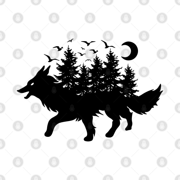 Black Wolf and Forest by The Night Owl's Atelier