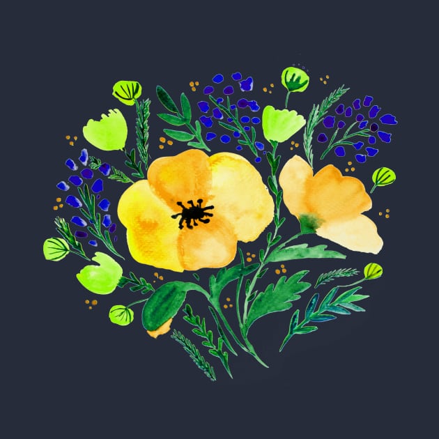 Watercolor poppies bouquet - yellow and green by wackapacka