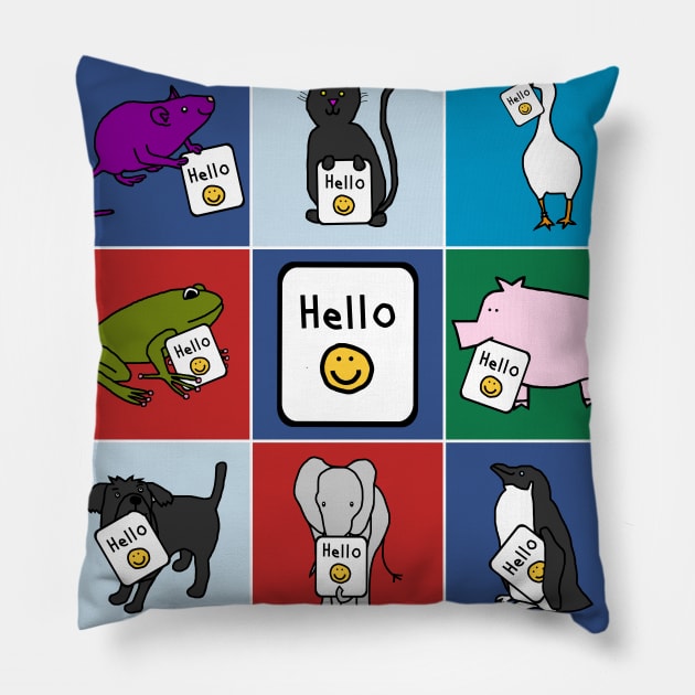 Cute Animals Say Hello Pillow by ellenhenryart