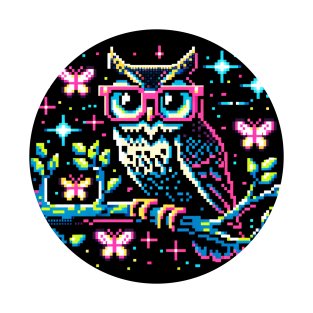 Cyberpunk Owl Art - Neon Nightscape Pixel Illustration T-Shirt