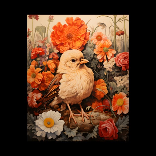 Retro Vintage Art Style Baby Chick surrounded in by Flowers - Whimsical Nature Design by The Whimsical Homestead