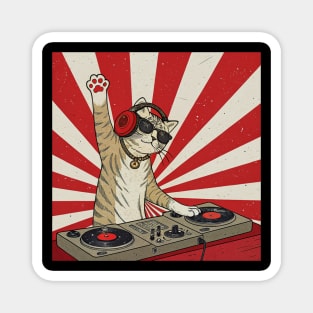 Cat acting as a DJ - wearing red over-ear headphones Magnet